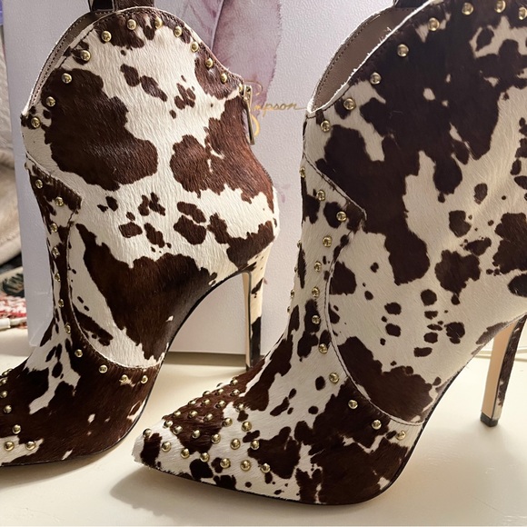 Brown and White Cowprint Studded Women's Ankle Boots - Picture 3 of 5